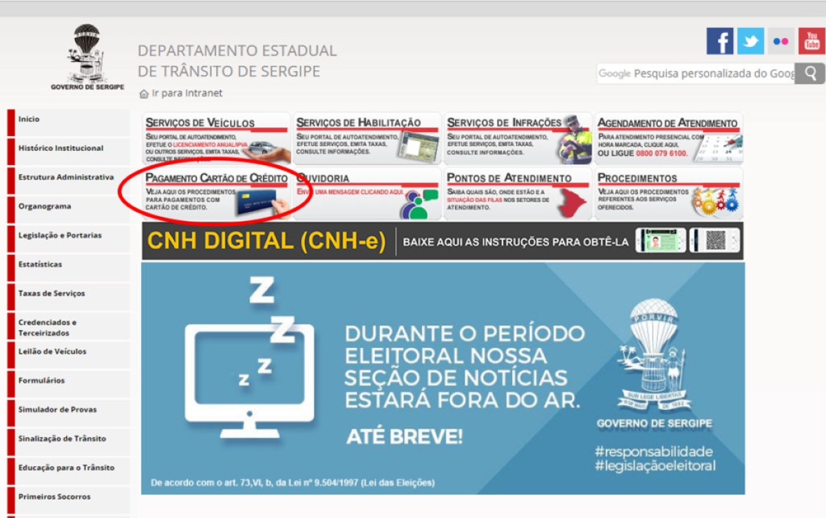 Os proprietários de veículos em Sergipe já podem efetuar o pagamento do Licenciamento Anual e outros débitos de veículos de forma parcelada por cartão de crédito (Imagem: Reprodução/ Site do Detran/SE)