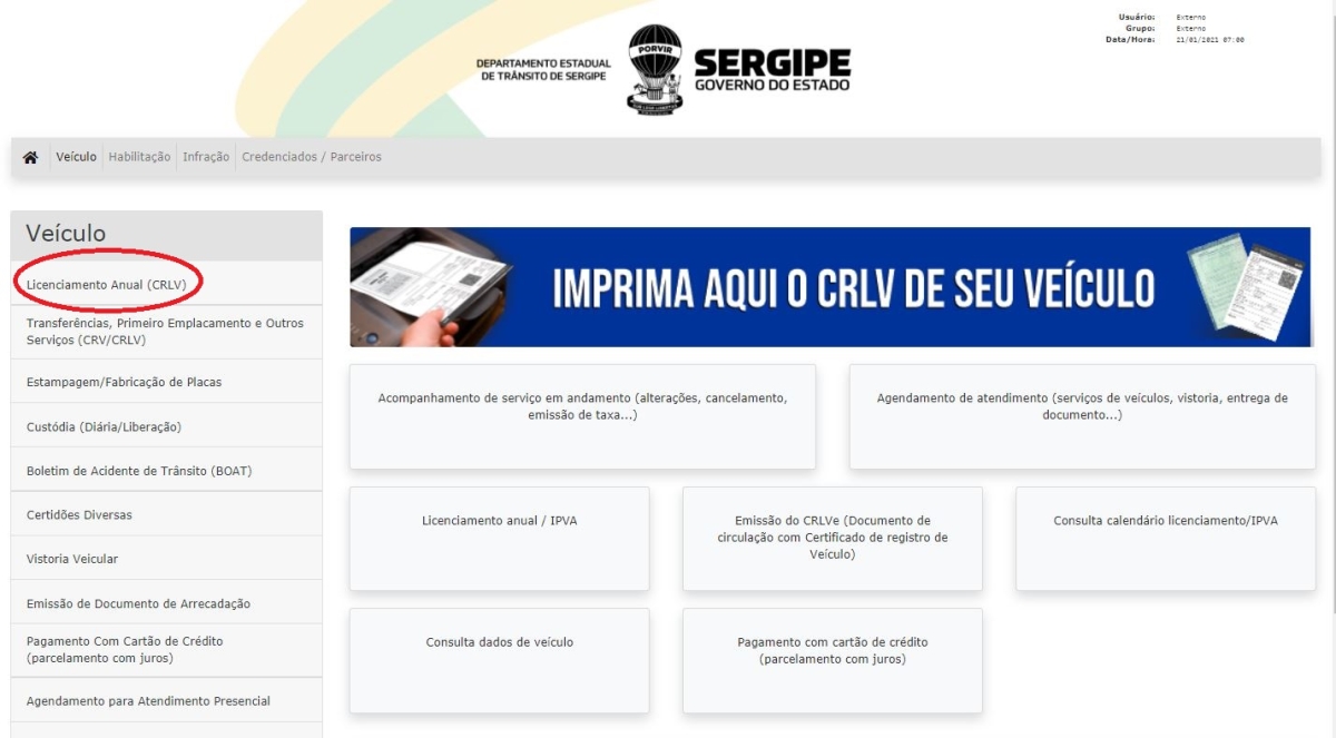 Licenciamento Anual 2021 deve ser emitido através do site do Detran/SE (Imagem: Detran/SE)
