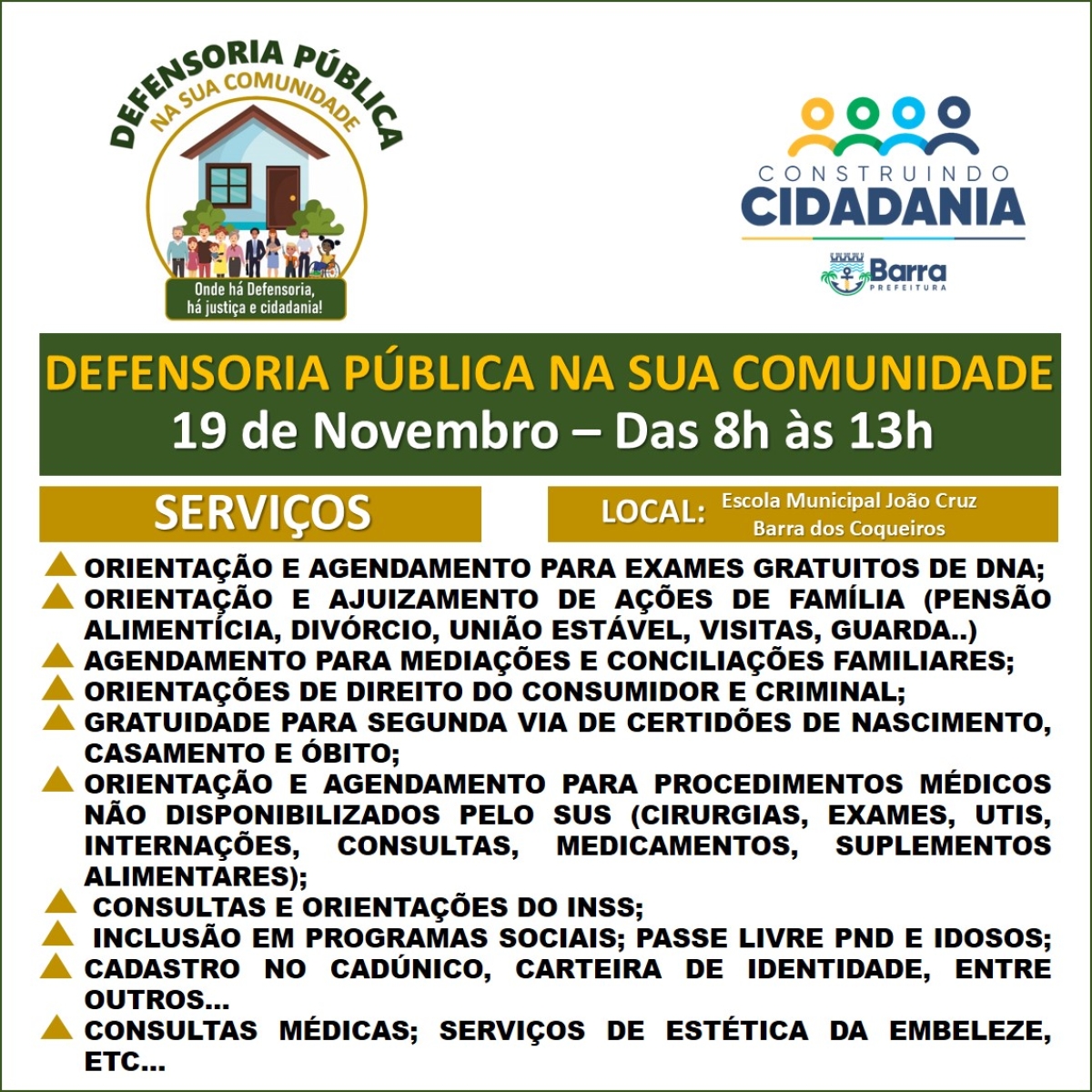 Defensoria na sua Comunidade realizará mutirão de serviços dia 19 de novembro na Barra dos Coqueiros - Imagem: Divulgação | DPE/SE