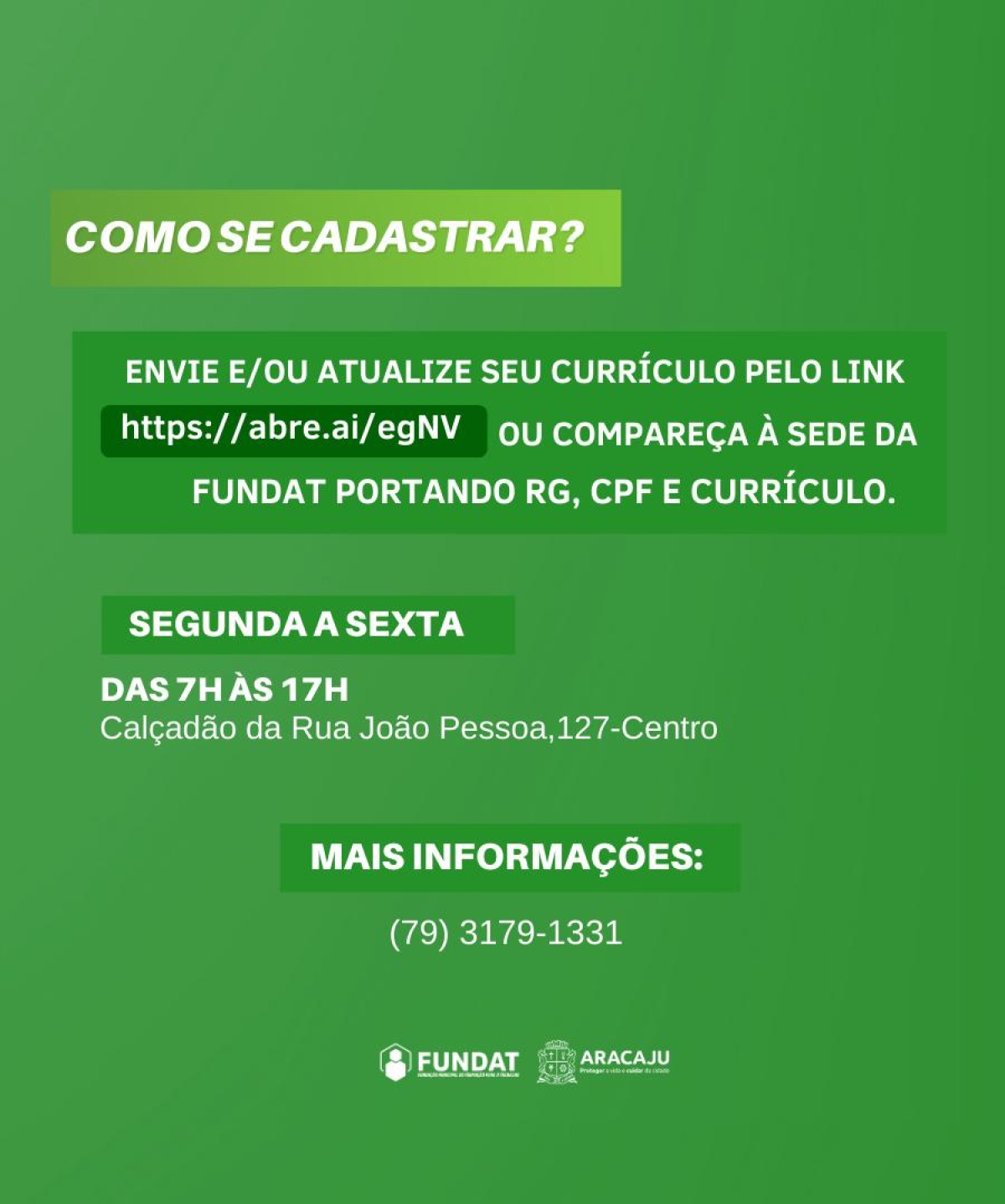 Fundat disponibiliza mais de 50 vagas de emprego para os aracajuanos - Arte: Ascom Fundat