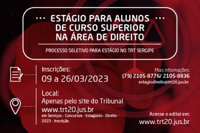 Aberto processo Seletivo para Estágio na área de Direito - Imagem: Divulgação | TRT20