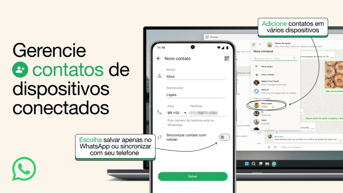 Em breve, você poderá adicionar e gerenciar contatos do WhatsApp a partir de qualquer dispositivo, incluindo WhatsApp Web e Windows Imagem: Divulgação/Meta

