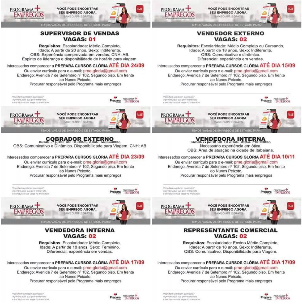 Empresas abrem 10 vagas de emprego em Gl�ria (Imagem: Divulga��o/PME)