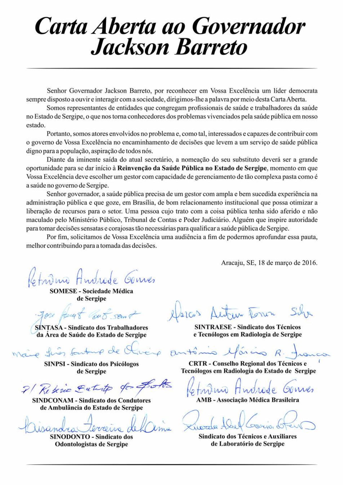 Carta Aberta ao Governador Jackson Barreto (Imagem: Reprodu��o/Jornal da Cidade)